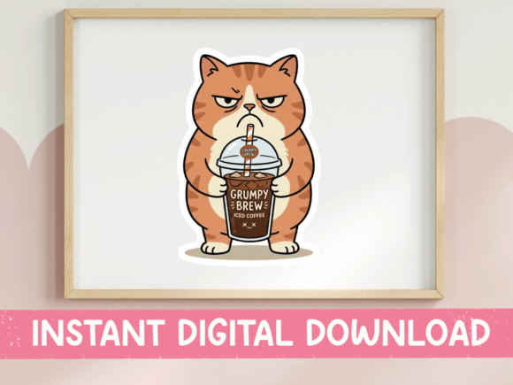 Grumpy Brew Iced Coffee Cat Print for T-Shirt Designs and Graphics