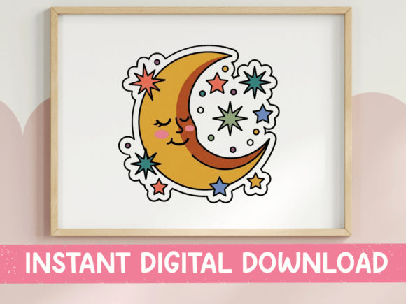 Kawaii Crescent Moon Stars Sticker: A Dreamy T-Shirt Design Graphic